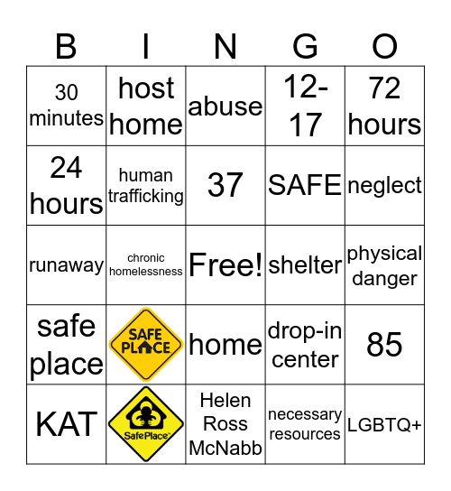 SAFE PLACE Bingo Card