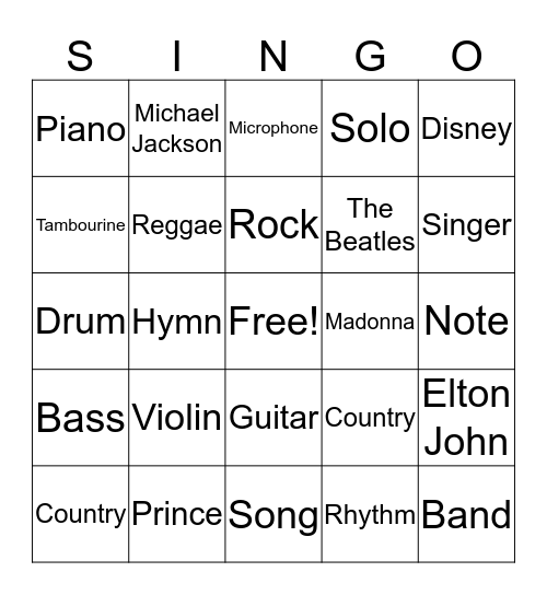 Music Bingo Card