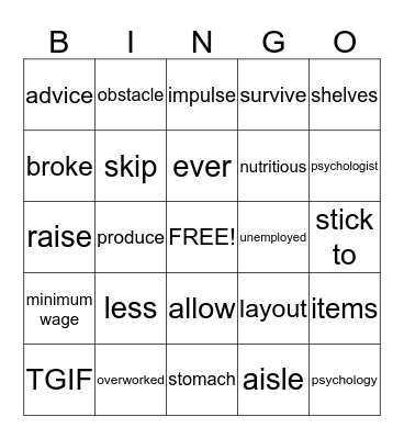 Vocabulary Bingo Card