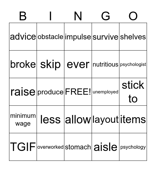 Vocabulary Bingo Card