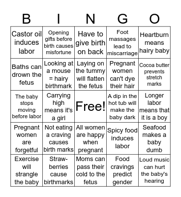 Pregnancy Myths Bingo Card