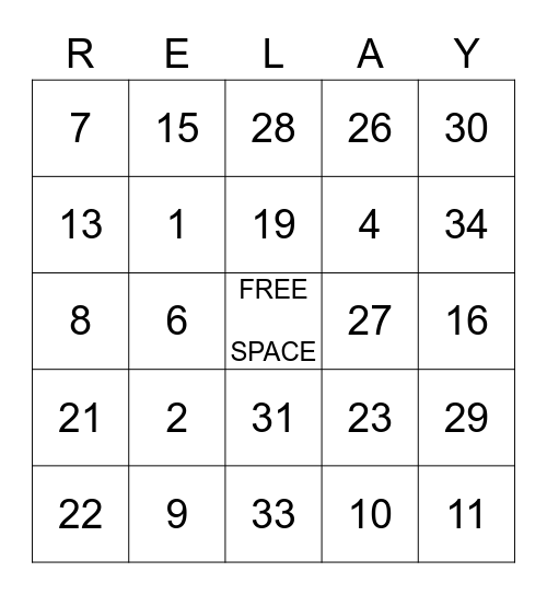 Relay Bingo! Bingo Card
