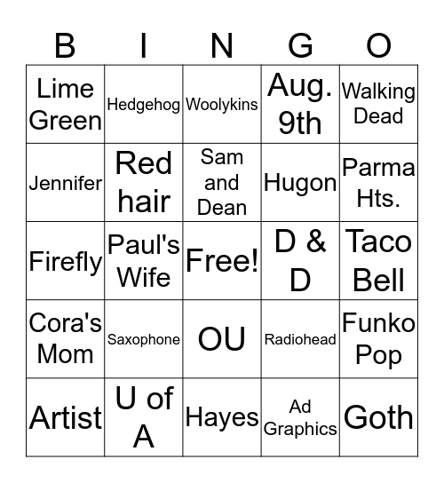 Jen's Birthday Bingo Card