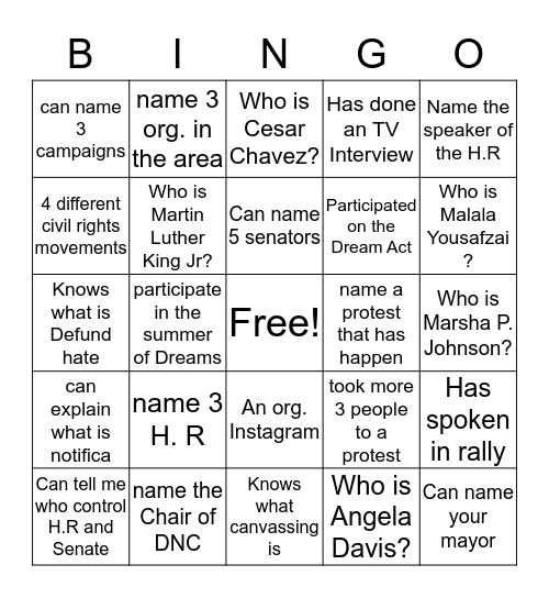 Activist Bingo Card