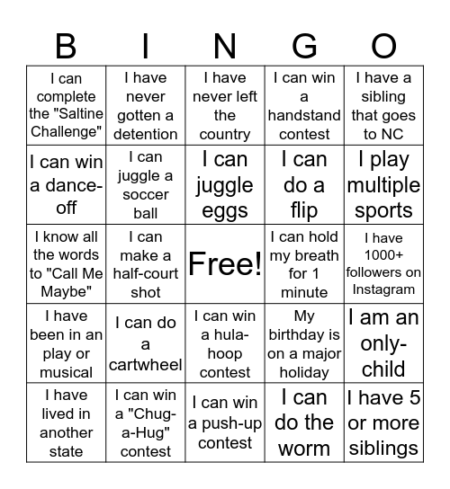 Orientation 2019 Bingo Card