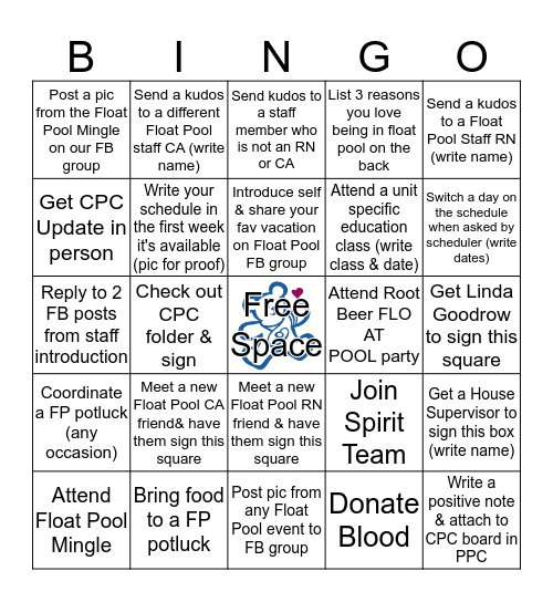 Float Pool Bingo! Full Name:  Bingo Card