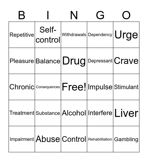 Substance Abuse Week 1 Bingo Card