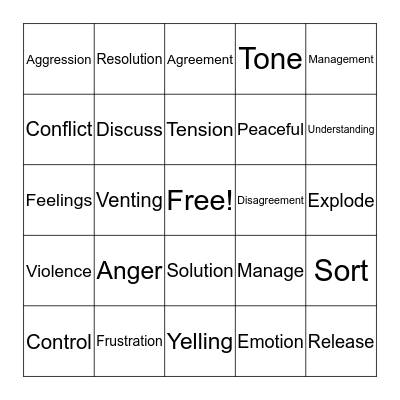 Anger/Aggression Week 1 Bingo Card