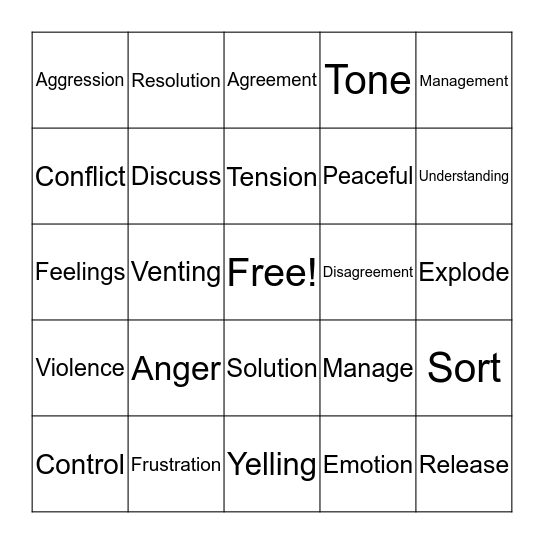 Anger/Aggression Week 1 Bingo Card