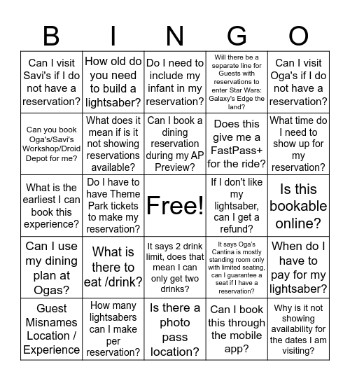 Did the Guest ask you about Star Wars: Galaxy's Edge?  Bingo Card