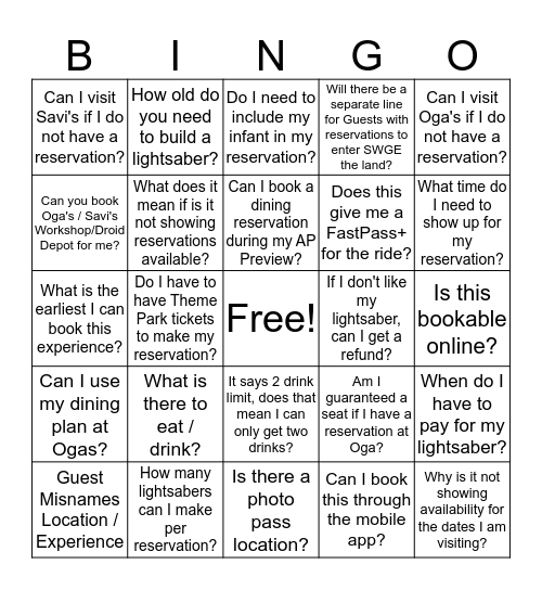 Did the Guest ask you about Star Wars: Galaxy's Edge?  Bingo Card