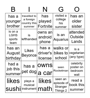 Who's in my Algebra2 Class Bingo Card