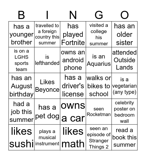 Who's in my Algebra2 Class Bingo Card