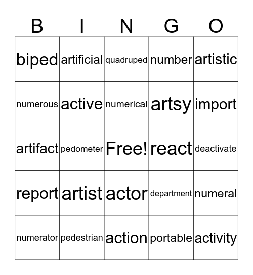 Lesson 10 Latin Roots Bingo Card