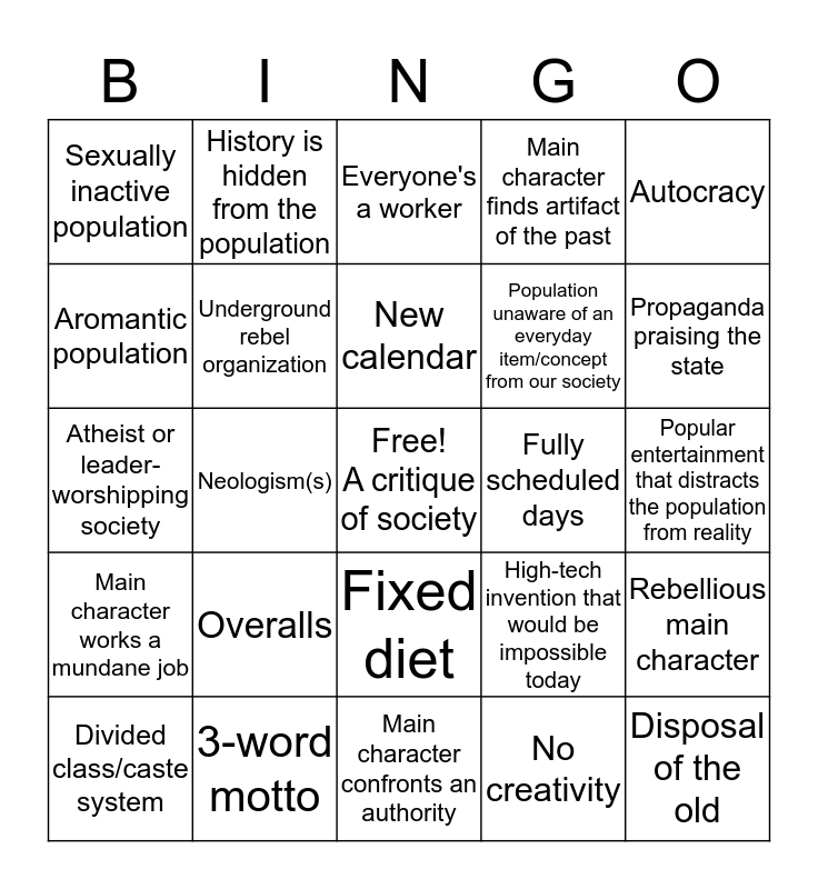 Dystopia Bingo Card