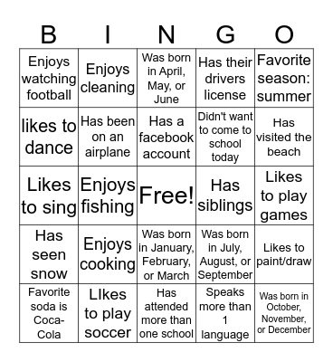 Getting to Know You Bingo Card