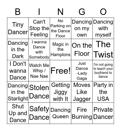 Dance Themed Songs Bingo Card