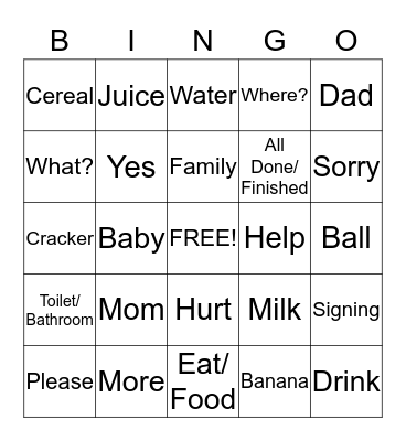 Signing Time Bingo Card