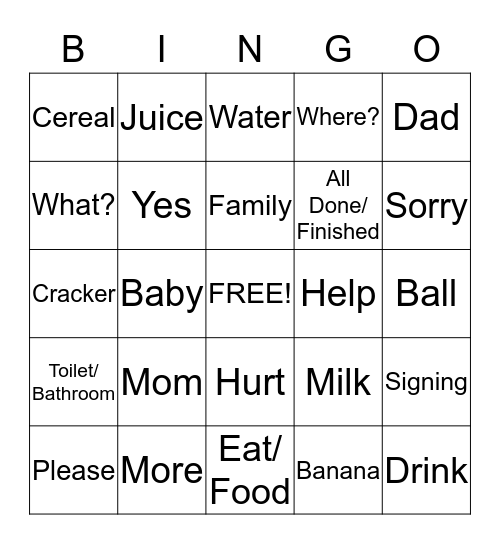 Signing Time Bingo Card