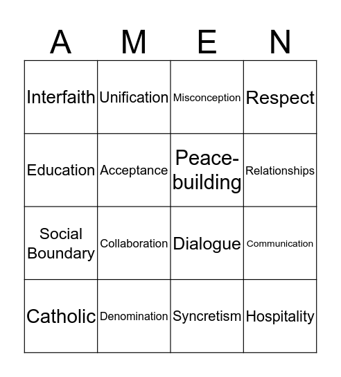 Interfaith Dialogue Bingo Card