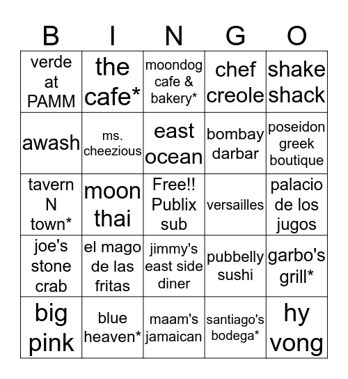 miami food bingo Card