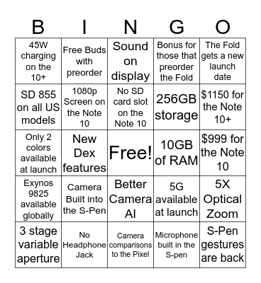 Note 10 Bingo Card