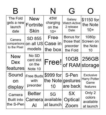 Note 10 Bingo Card