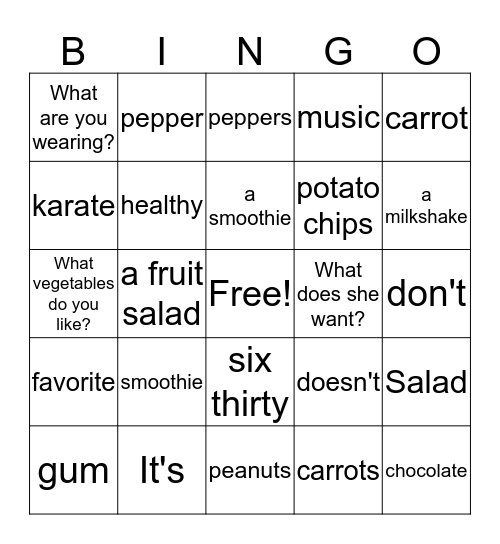Welcome & Things to Eat Bingo Card