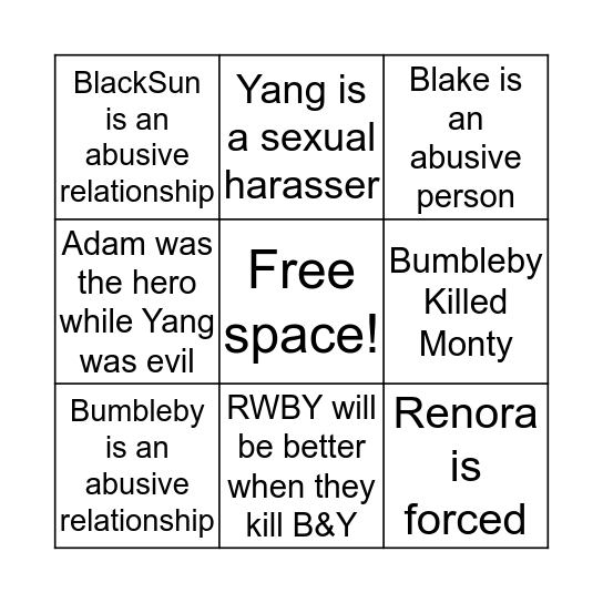 RWBY Hot Takes Bingo Card