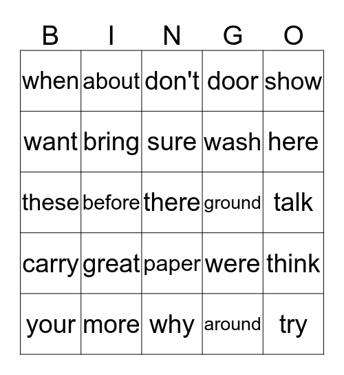 Sight Word Bingo Card