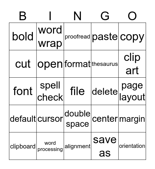 Word Processing Bingo Card