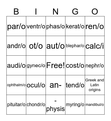 Medical Terminology Final Review Bingo Card