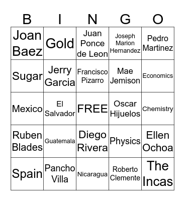 Hispanic Heritage Month Bingo Card