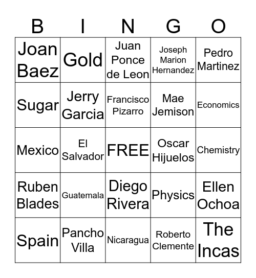 Hispanic Heritage Month Bingo Card