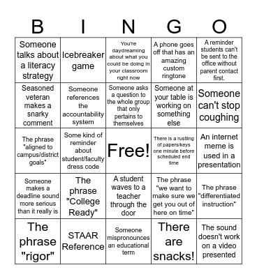 Staff Meeting Bingo Card