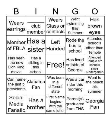 Getting to Know My Classmates Bingo Card