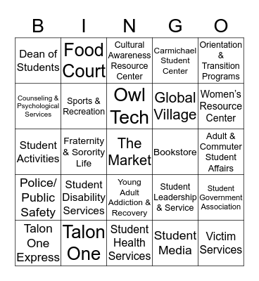 Student Center Bingo Card