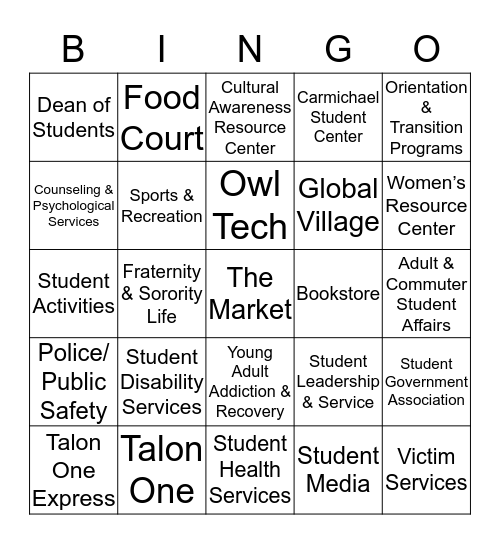 Student Center Bingo Card