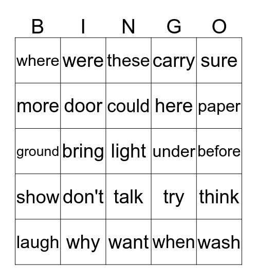 Sight Word Bingo Card