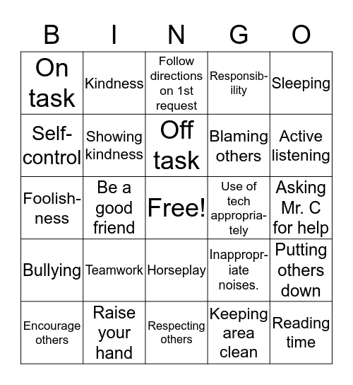 Mr. C's class Bingo Card