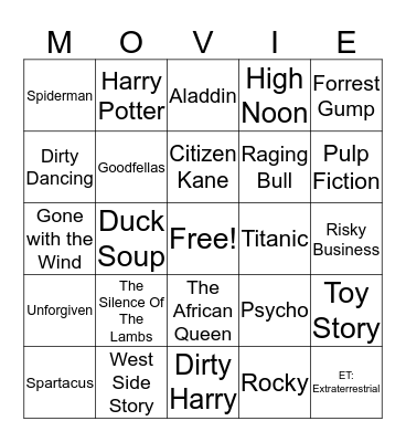Hollywood Bingo Card