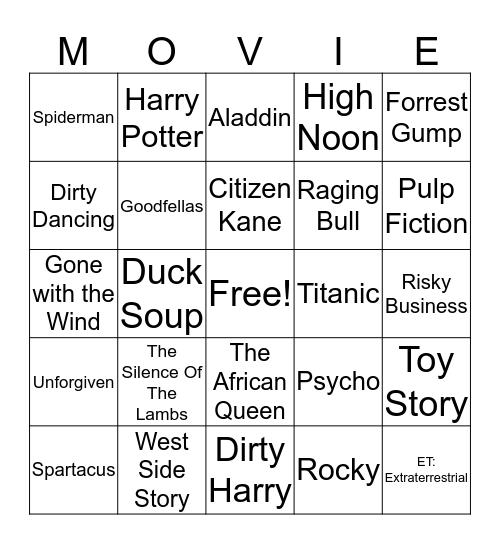 Hollywood Bingo Card