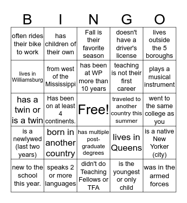 Williamsburg Prep Bingo! Bingo Card
