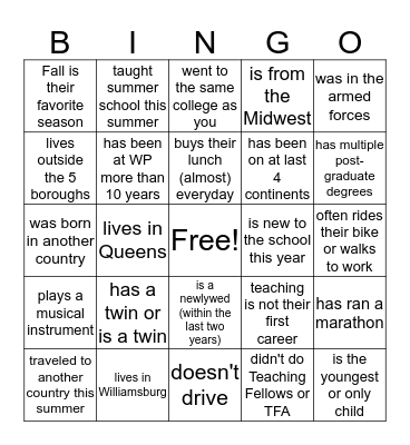 Williamsburg Prep Bingo! Bingo Card