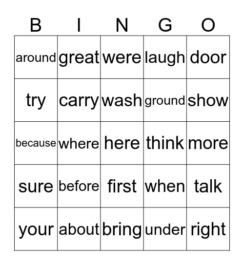 Sight Word Bingo Card