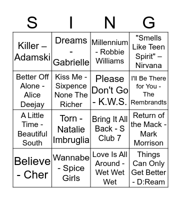 HITS OF THE 90s Bingo Card