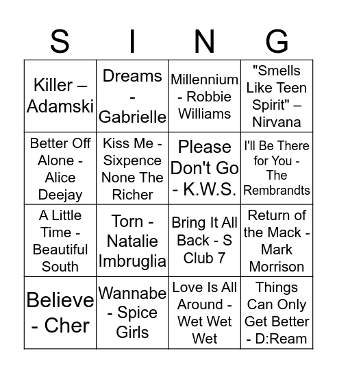 HITS OF THE 90s Bingo Card