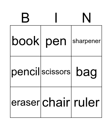 School Suplies Bingo Card