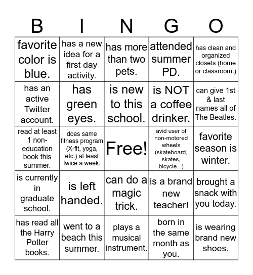 Back-to-school Teacher Bingo Card