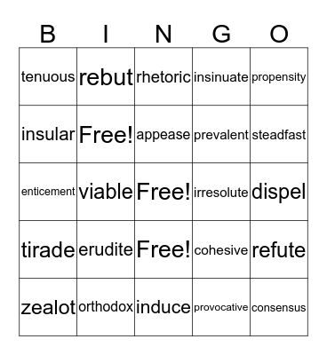 Vocabulary Bingo! Bingo Card